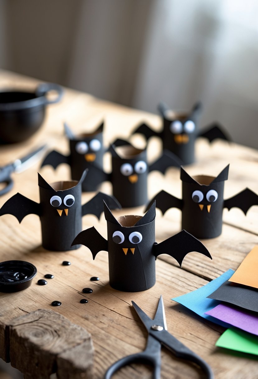 28 Easy Halloween Crafts: Fun and Simple DIY Ideas for All Ages 6 A table displaying handmade Halloween bats made from toilet paper rolls with crafting supplies around them.
