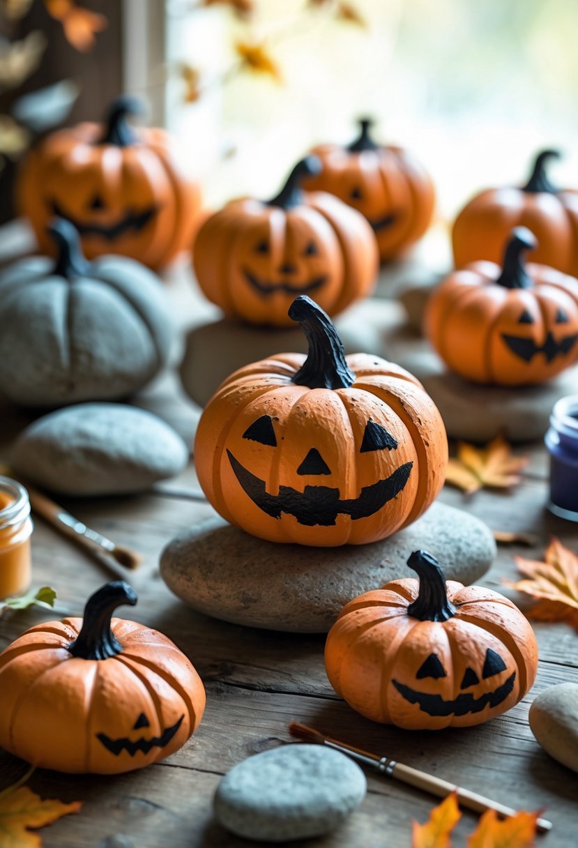 28 Easy Halloween Crafts: Fun and Simple DIY Ideas for All Ages 7 A collection of painted rock pumpkins arranged on a wooden table with paintbrushes, jars of paint, and autumn leaves nearby.