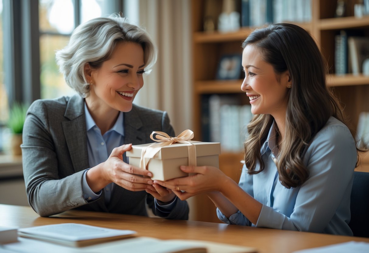 A mentor giving a wrapped birthday gift to a grateful mentee in a cozy office, both smiling warmly.