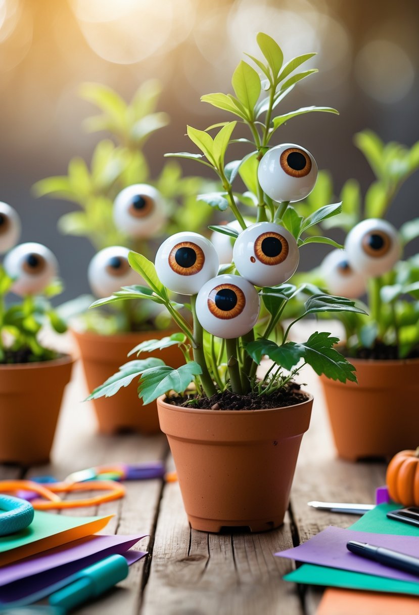28 Easy Halloween Crafts: Fun and Simple DIY Ideas for All Ages 9 A table with small potted plants decorated with realistic eyeballs among the leaves, surrounded by craft supplies.
