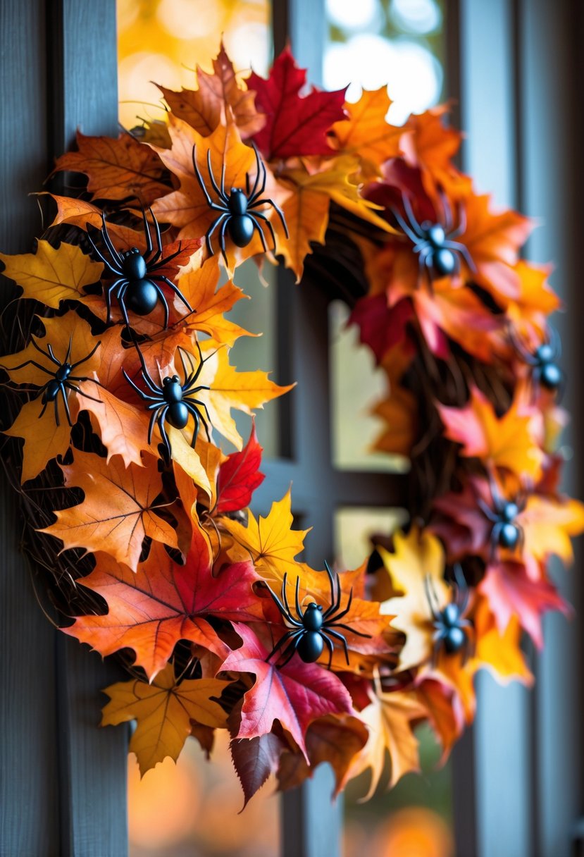28 Easy Halloween Crafts: Fun and Simple DIY Ideas for All Ages 10 A Halloween wreath made of colorful autumn leaves decorated with black spiders.