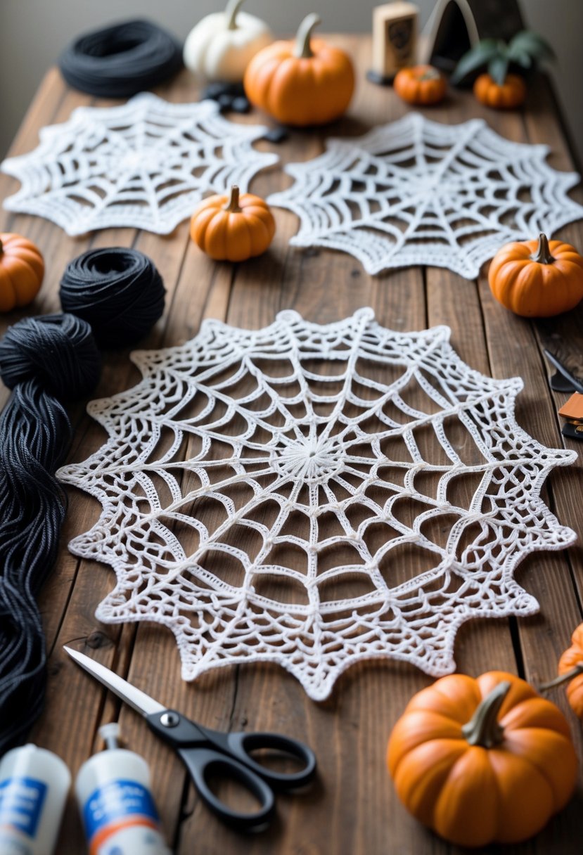 28 Easy Halloween Crafts: Fun and Simple DIY Ideas for All Ages 11 A table with white spiderweb-shaped doilies surrounded by Halloween craft supplies like pumpkins, paper, scissors, and glue.