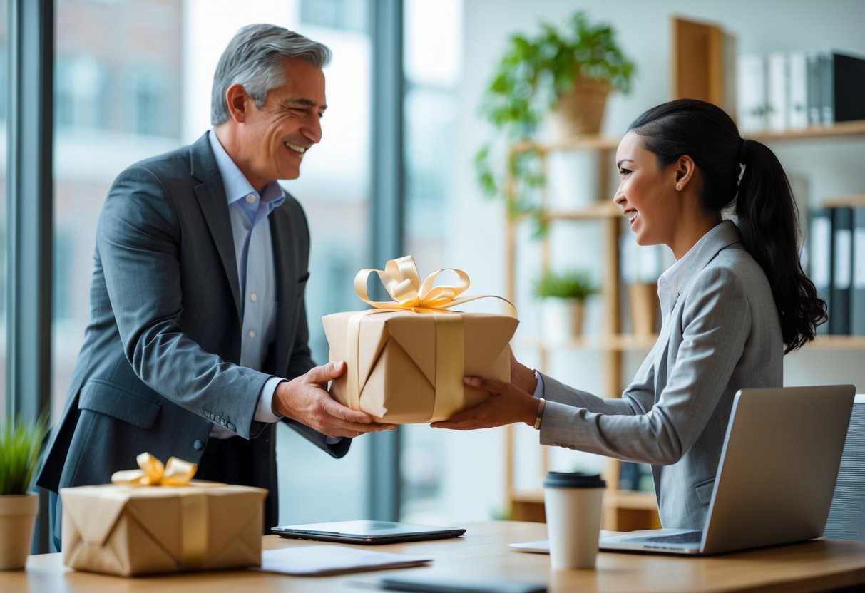 A mentor giving a wrapped birthday gift to a grateful mentee in an office setting.