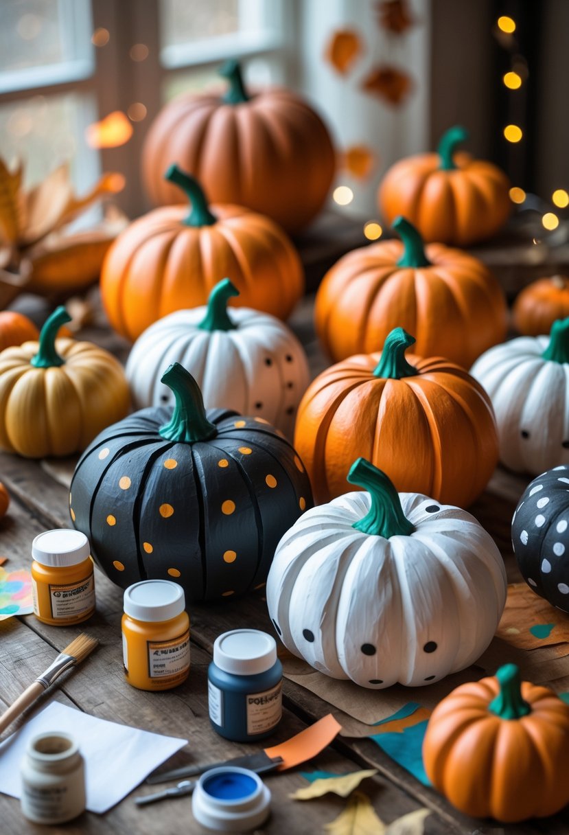 28 Easy Halloween Crafts: Fun and Simple DIY Ideas for All Ages 12 A table with several painted paper mache pumpkins surrounded by craft supplies and autumn decorations.