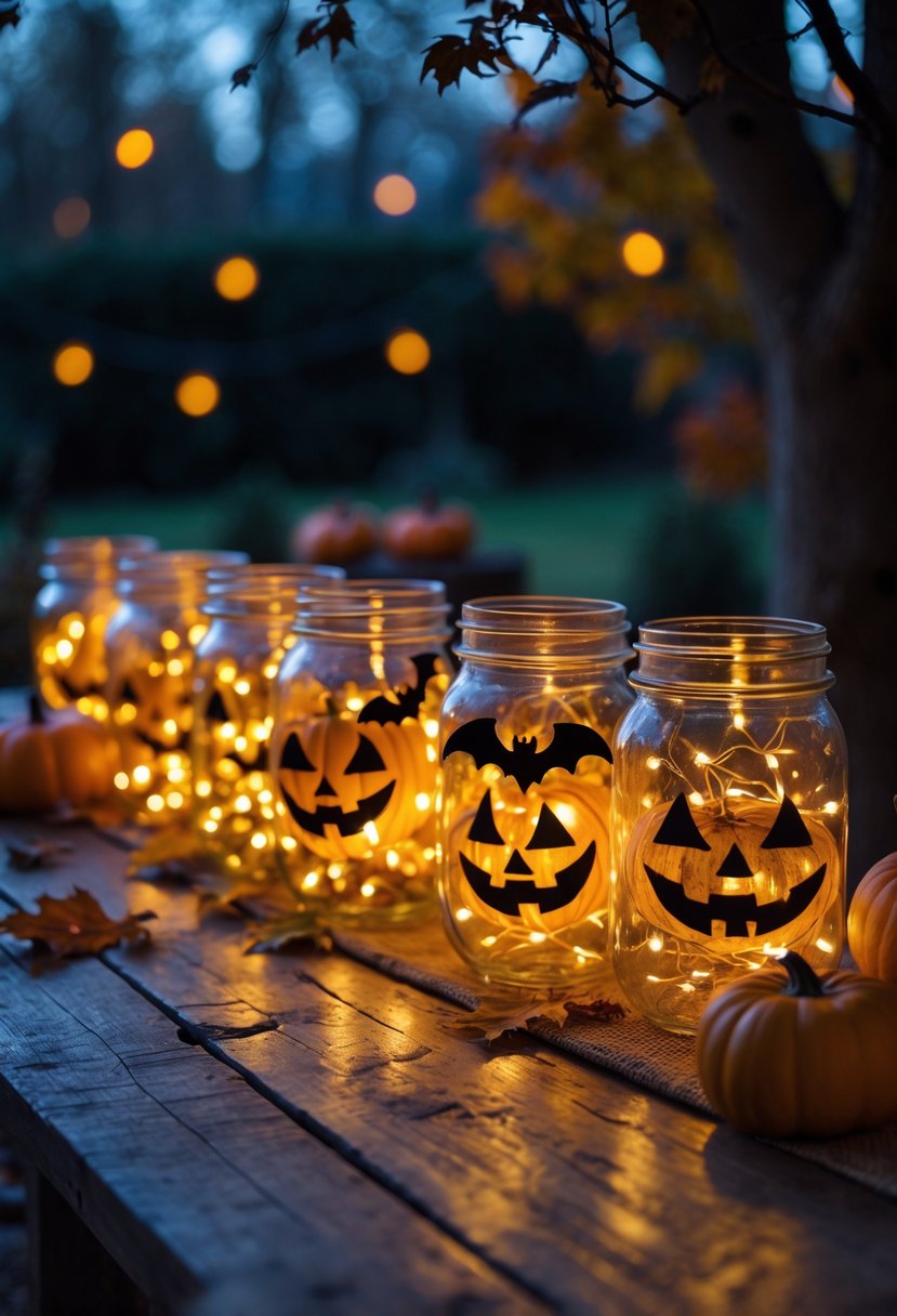 28 Easy Halloween Crafts: Fun and Simple DIY Ideas for All Ages 13 A group of glowing mason jar lanterns decorated for Halloween sitting on a wooden table outdoors at twilight.