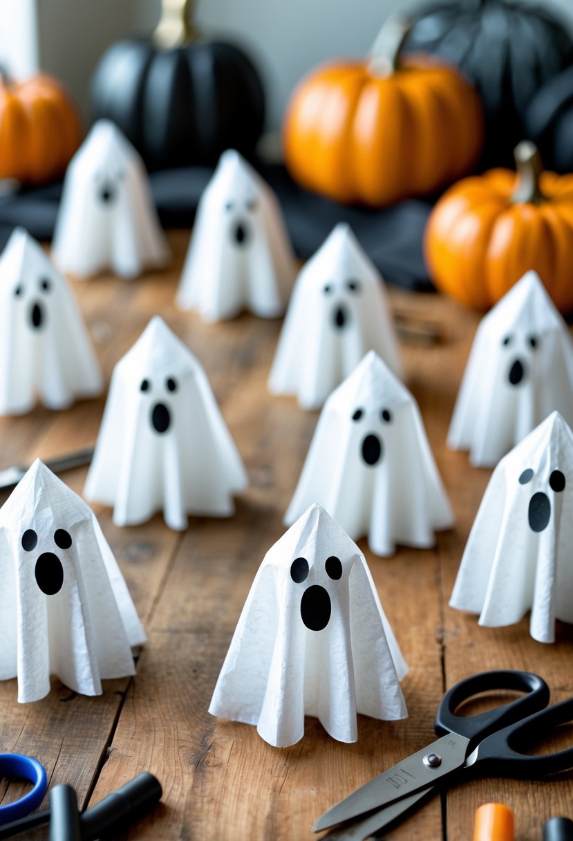 28 Easy Halloween Crafts: Fun and Simple DIY Ideas for All Ages 14 A table with small white tissue paper ghosts, pumpkins, and Halloween craft supplies.
