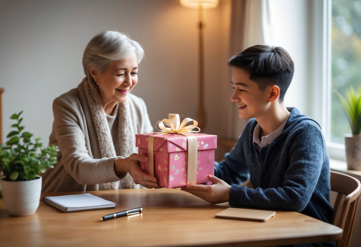 A mentor giving a wrapped birthday gift to a grateful mentee in a cozy indoor setting, both smiling warmly at each other.
