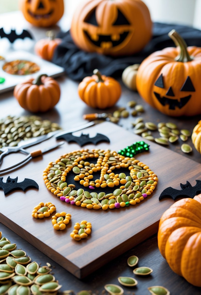 28 Easy Halloween Crafts: Fun and Simple DIY Ideas for All Ages 15 A workspace with Halloween-themed crafts made from pumpkin seeds arranged on a wooden table, surrounded by crafting supplies.