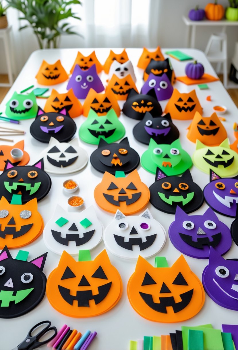 28 Easy Halloween Crafts: Fun and Simple DIY Ideas for All Ages 16 A collection of colorful handmade foam Halloween masks and crafting supplies arranged on a table.