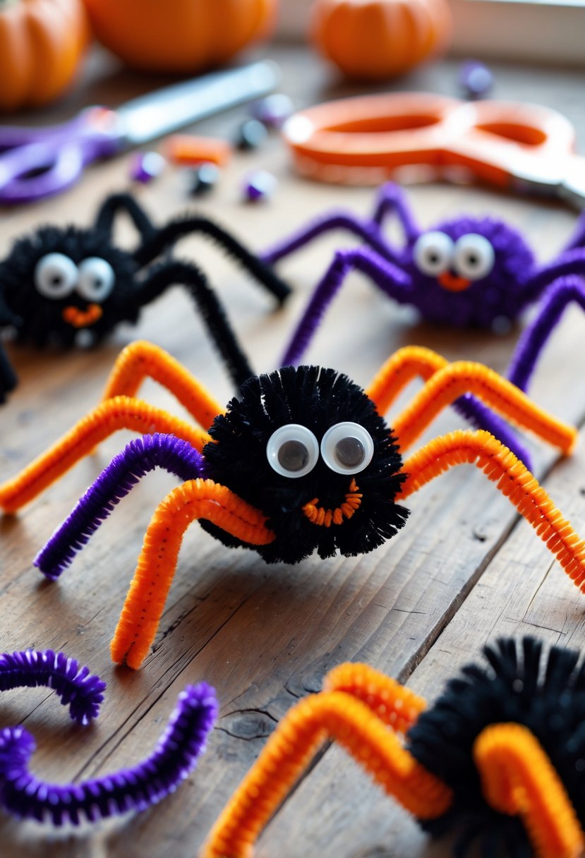28 Easy Halloween Crafts: Fun and Simple DIY Ideas for All Ages 17 A collection of colorful pipe cleaner spiders with googly eyes arranged on a wooden table alongside crafting supplies.