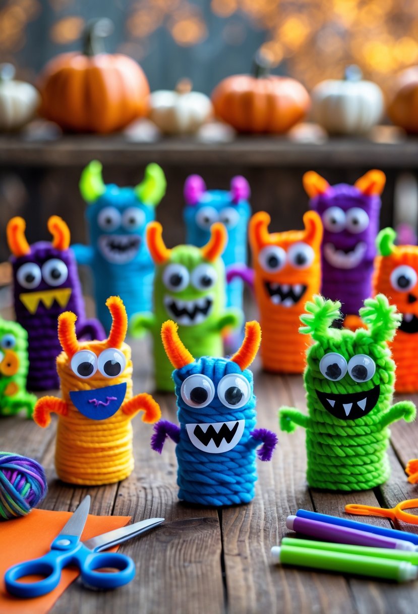 28 Easy Halloween Crafts: Fun and Simple DIY Ideas for All Ages 18 A collection of colorful monster finger puppets made from craft materials arranged on a wooden table with crafting supplies around them.