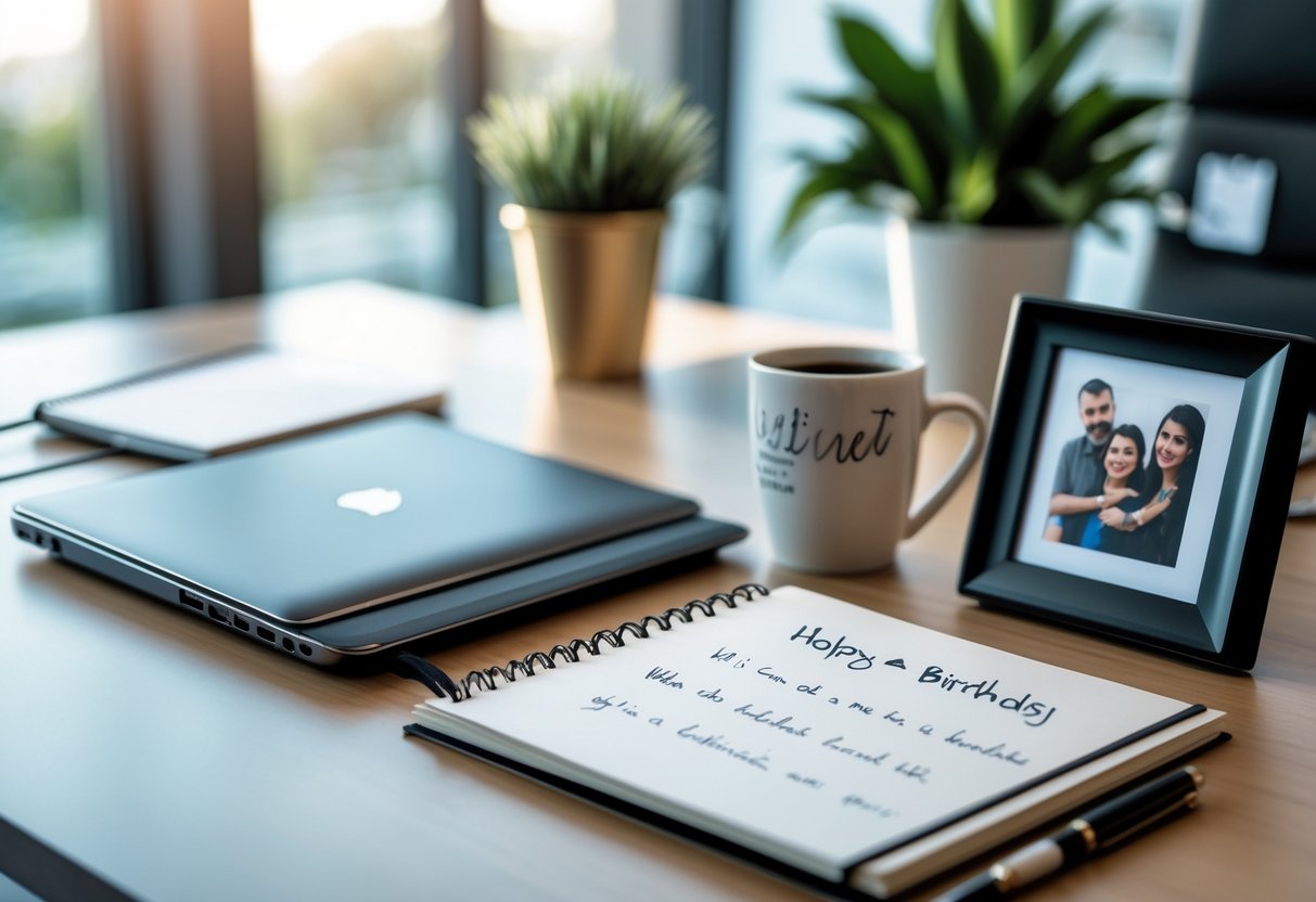 A modern office desk with a laptop, notebook, engraved pen, framed photo, and potted plant arranged as thoughtful gifts.