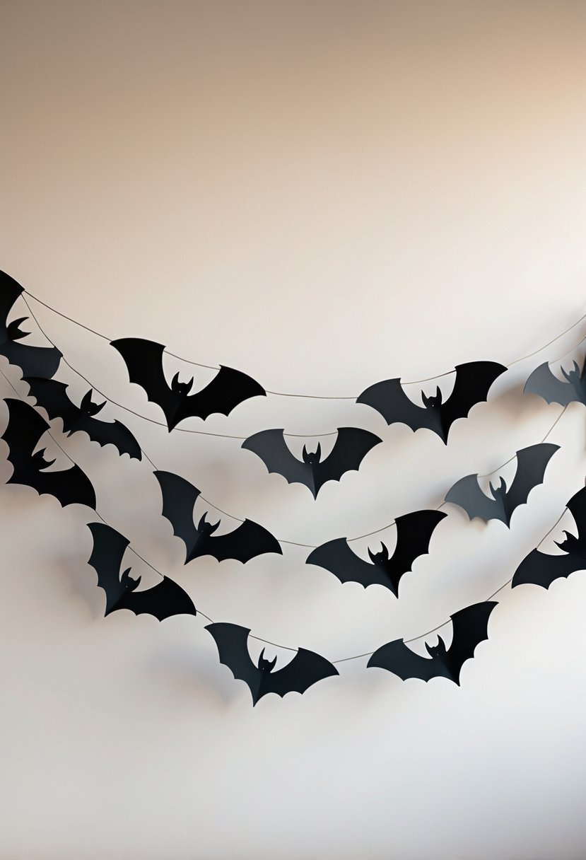 28 Easy Halloween Crafts: Fun and Simple DIY Ideas for All Ages 20 A black paper bat garland hanging on a string against a plain background.