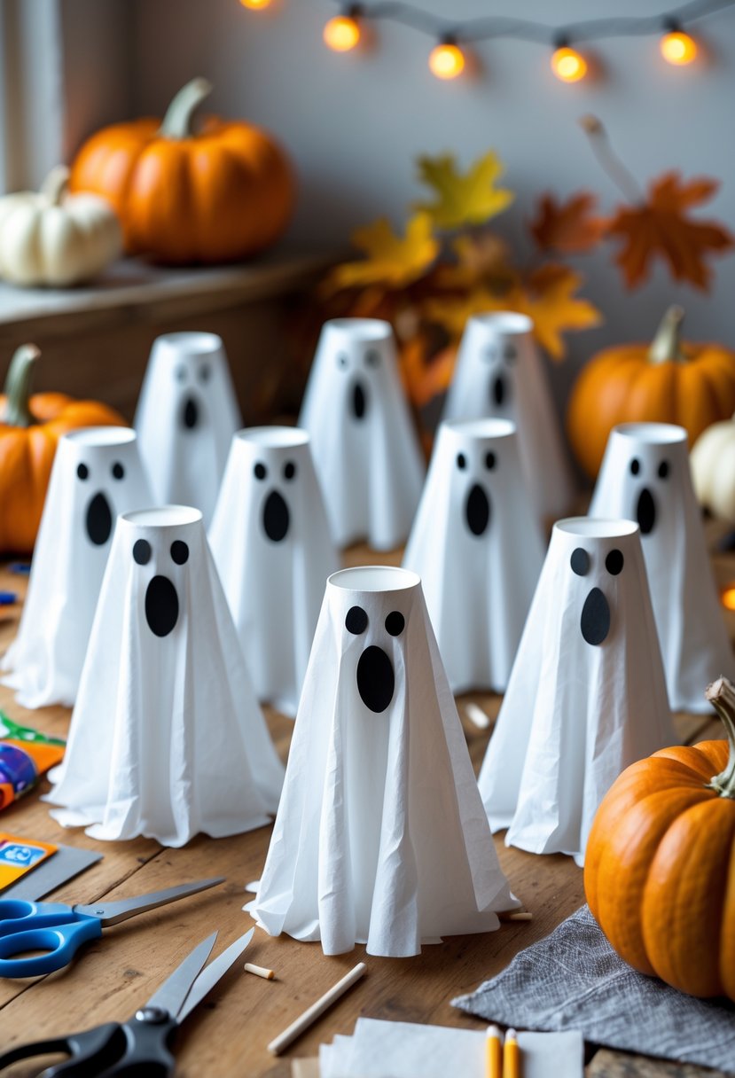 28 Easy Halloween Crafts: Fun and Simple DIY Ideas for All Ages 21 A group of paper cup ghosts made from white cups and fabric on a table with crafting supplies and Halloween decorations.