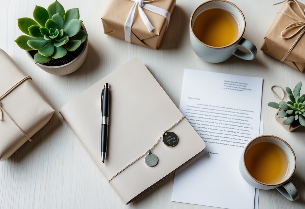 Flat lay of a journal, pen, silver bracelet, small potted succulent, wrapped gift box, cup of tea, and a handwritten letter arranged on a light wooden surface.