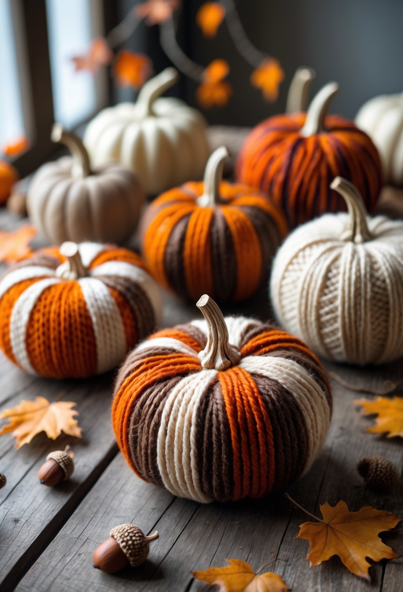 28 Easy Halloween Crafts: Fun and Simple DIY Ideas for All Ages 23 A group of pumpkins wrapped in colorful yarn arranged on a wooden table with autumn leaves and natural decorations.