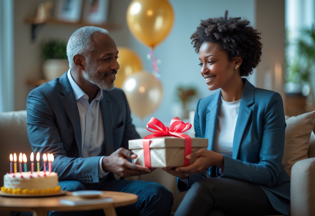 A mentor giving a wrapped birthday gift to a surprised mentee in a warmly lit room, both smiling and sharing a meaningful moment.