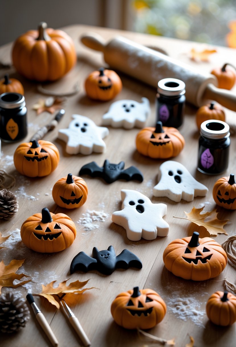 28 Easy Halloween Crafts: Fun and Simple DIY Ideas for All Ages 24 A wooden table with handmade salt dough Halloween ornaments shaped like pumpkins, ghosts, and bats, surrounded by paintbrushes, paint jars, and autumn leaves.