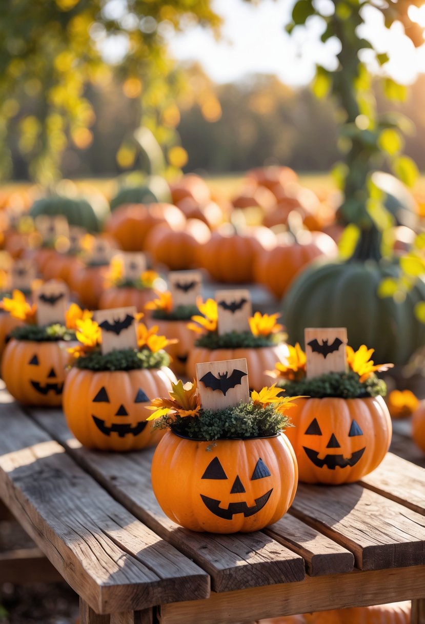 28 Easy Halloween Crafts: Fun and Simple DIY Ideas for All Ages 25 A table outdoors displaying small pumpkin-shaped flower pots decorated with autumn crafts, set in a pumpkin patch with pumpkins and green vines in the background.