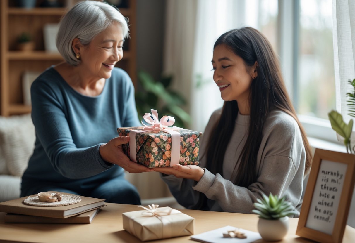 A mentor giving a wrapped birthday gift to a grateful mentee in a cozy room with artistic items on a table nearby.