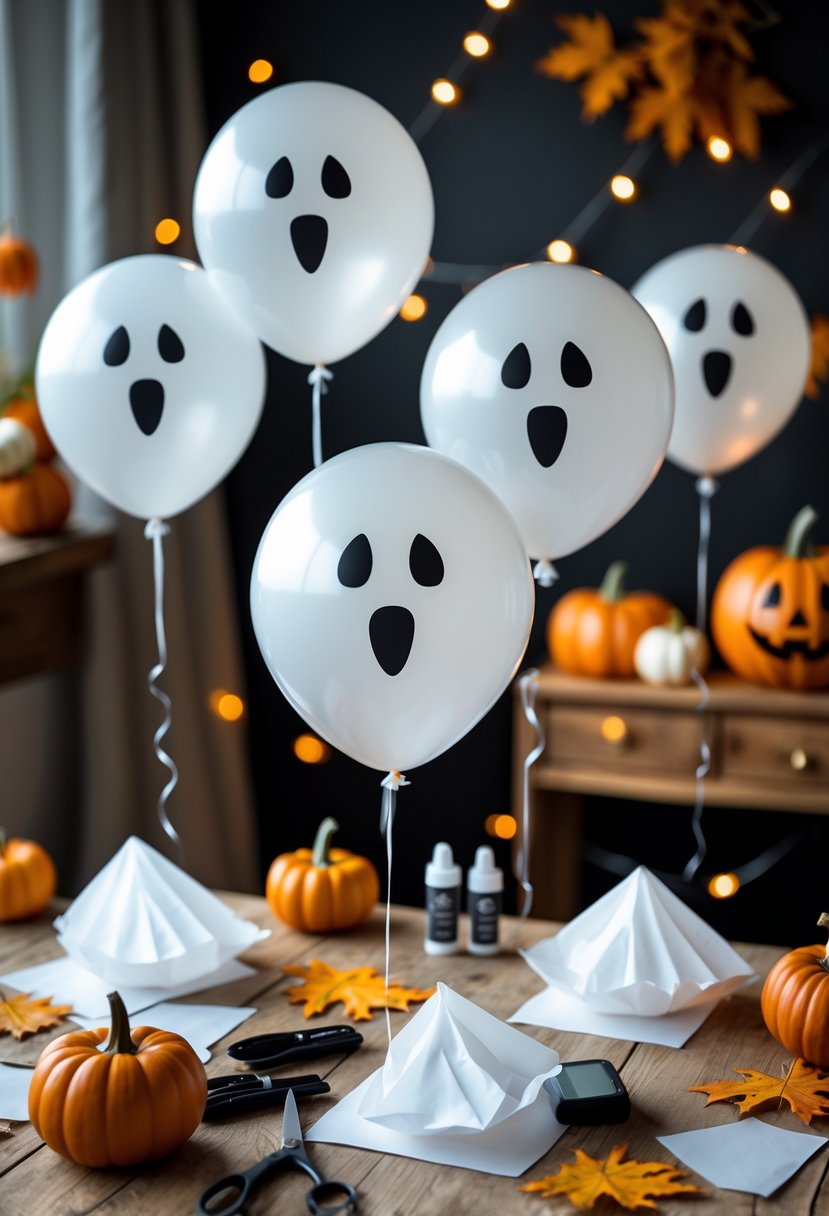 28 Easy Halloween Crafts: Fun and Simple DIY Ideas for All Ages 26 White ghost balloons floating above a wooden table with Halloween craft supplies and small pumpkin decorations.