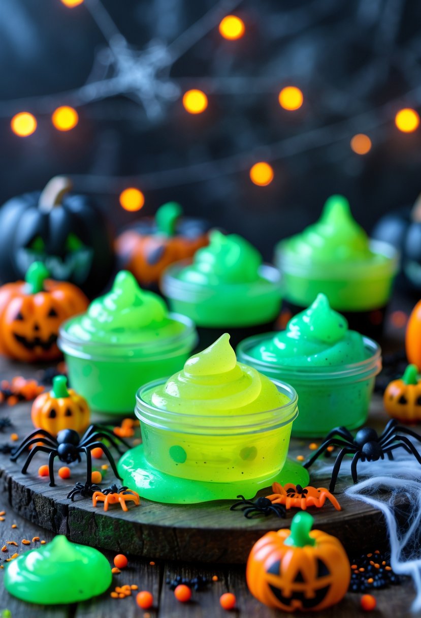 28 Easy Halloween Crafts: Fun and Simple DIY Ideas for All Ages 27 Containers of glowing green slime surrounded by Halloween craft supplies on a wooden table.