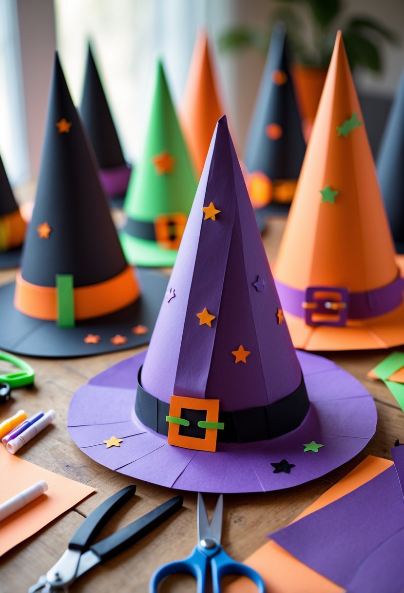 28 Easy Halloween Crafts: Fun and Simple DIY Ideas for All Ages 28 A table with colorful construction paper witch hats and crafting supplies arranged for Halloween crafts.