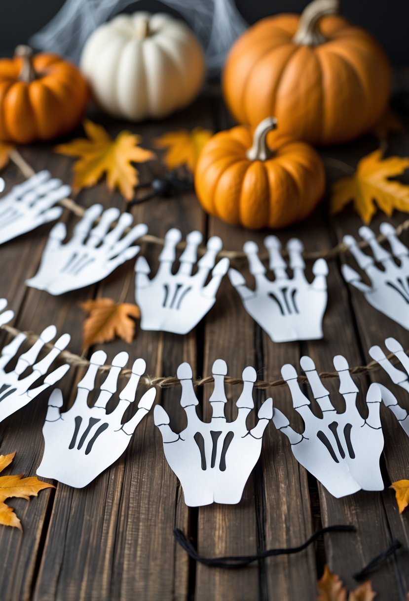 28 Easy Halloween Crafts: Fun and Simple DIY Ideas for All Ages 29 A banner made of white skeleton handprints strung on twine, hanging with autumn decorations in the background.