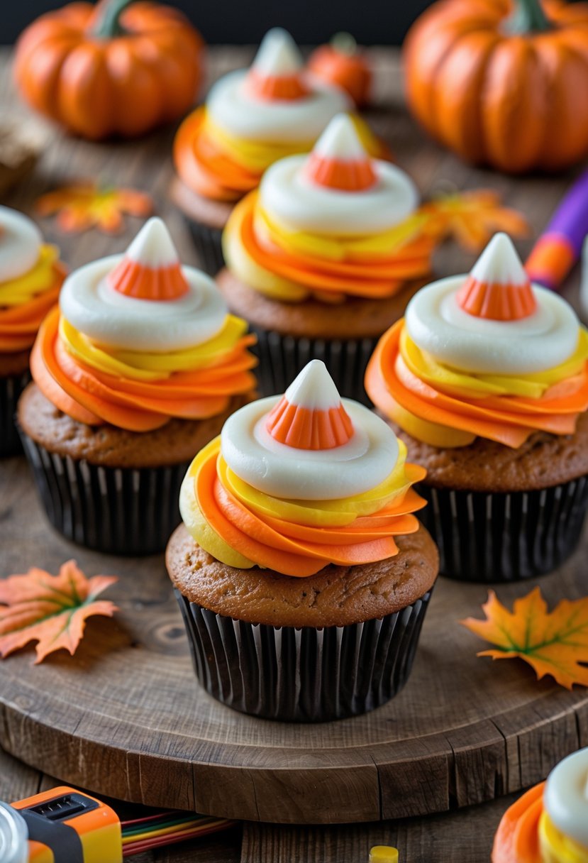 28 Easy Halloween Crafts: Fun and Simple DIY Ideas for All Ages 30 A close-up of candy corn themed cupcakes on a wooden table with small pumpkins and autumn leaves around them.