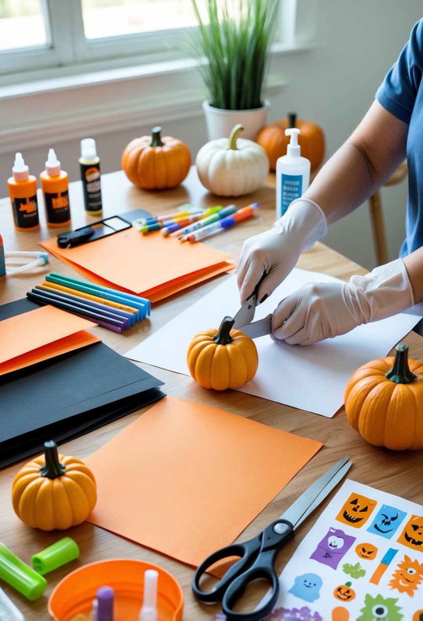 28 Easy Halloween Crafts: Fun and Simple DIY Ideas for All Ages 32 A person wearing gloves cutting Halloween craft paper on a tidy table with craft supplies and cleaning items nearby.