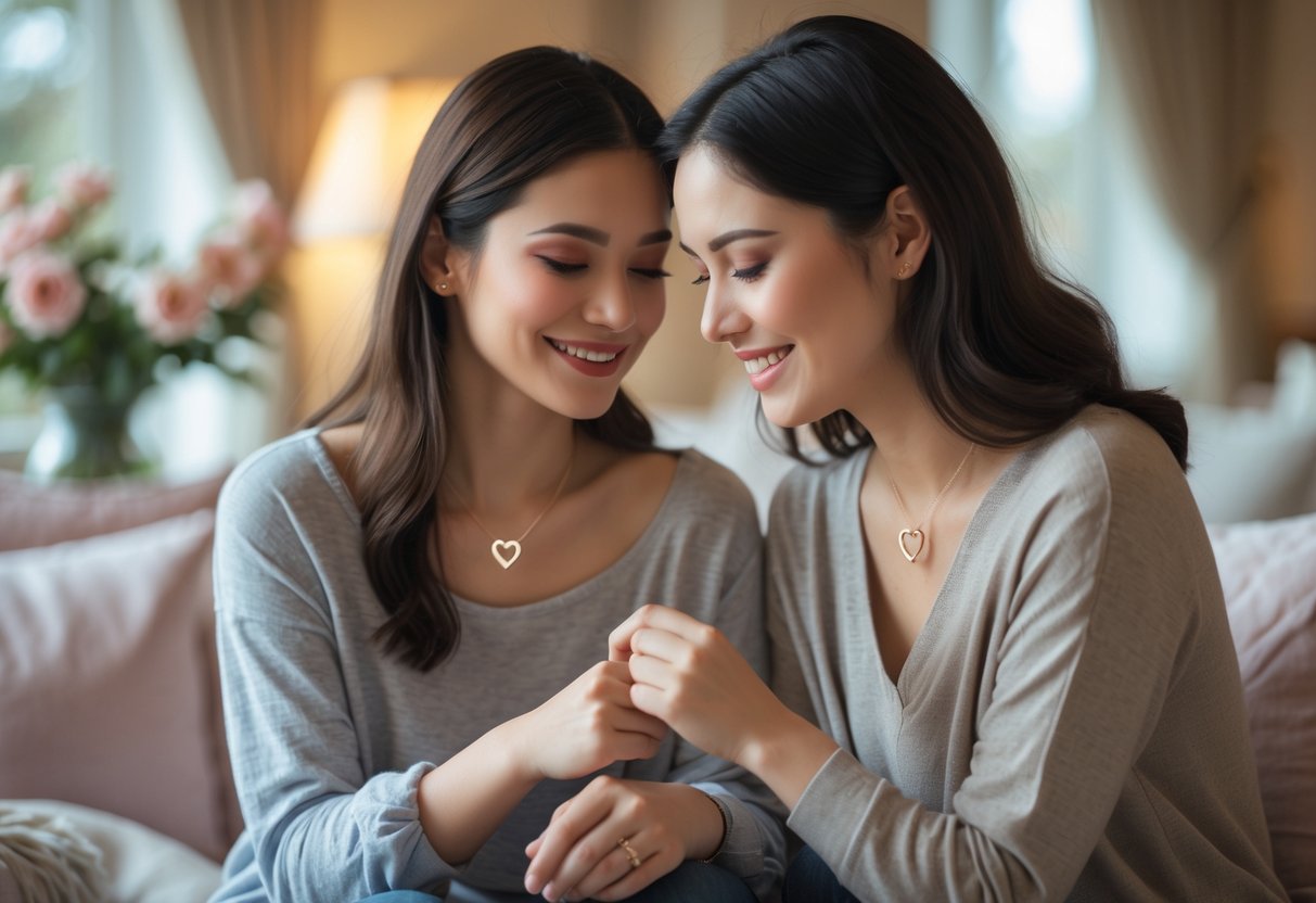 Two women sharing a tender moment as one places a heart-shaped necklace on the other’s neck, both smiling warmly.