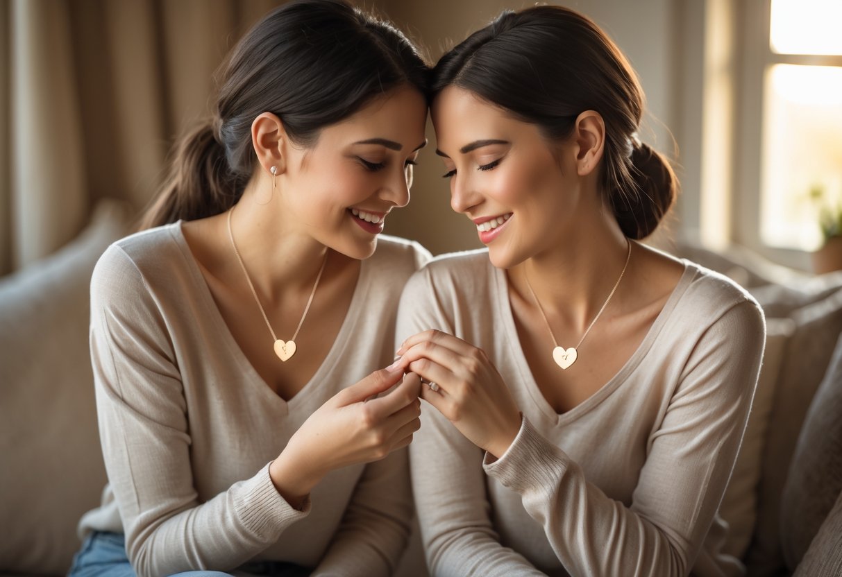 Two sisters sharing a warm moment as one places a heart-shaped necklace on the other’s neck indoors.
