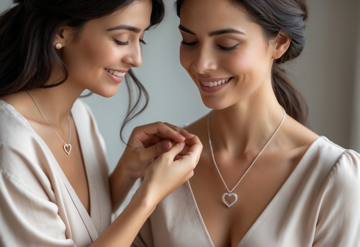 Two women sharing a tender moment as one places a heart-shaped necklace on the other’s neck.
