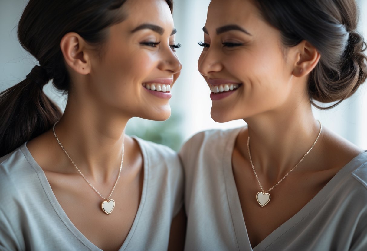 Two women smiling at each other, each wearing a heart-shaped necklace.