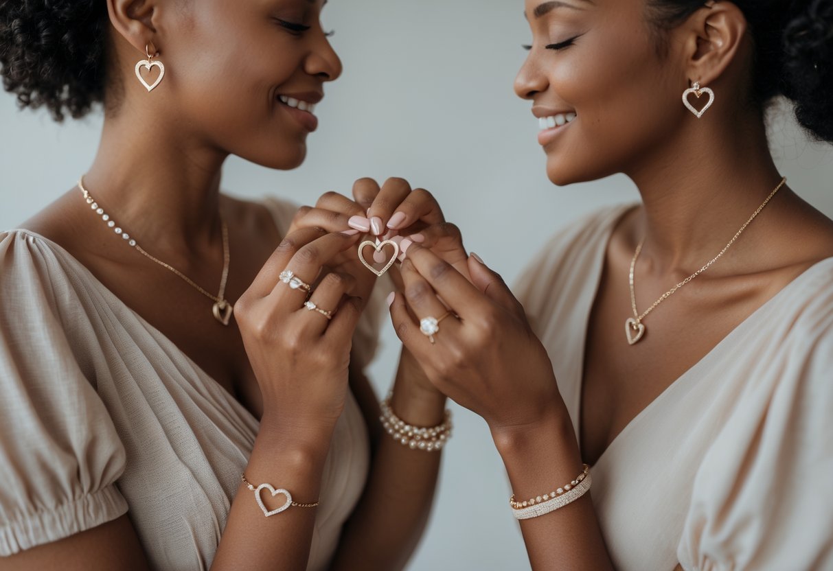 Two women sharing a tender moment as one places a heart-shaped necklace on the other, both wearing matching jewelry.