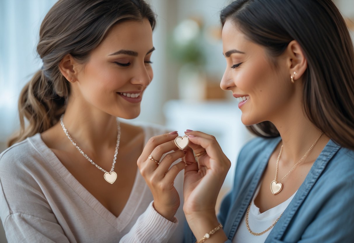 Two women sharing a tender moment as one gives the other a heart-shaped necklace.