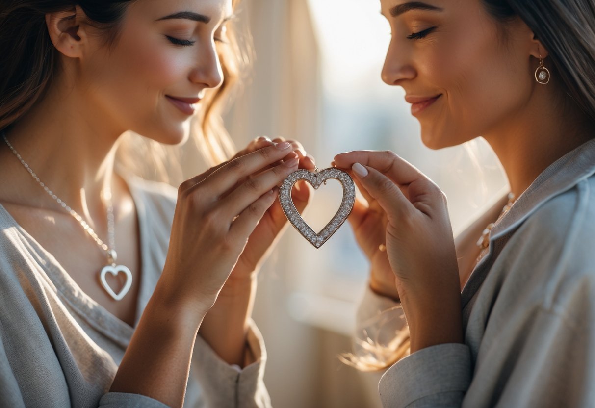 Two women sharing a heart-shaped necklace, one placing it around the other's neck in a warm, affectionate moment.