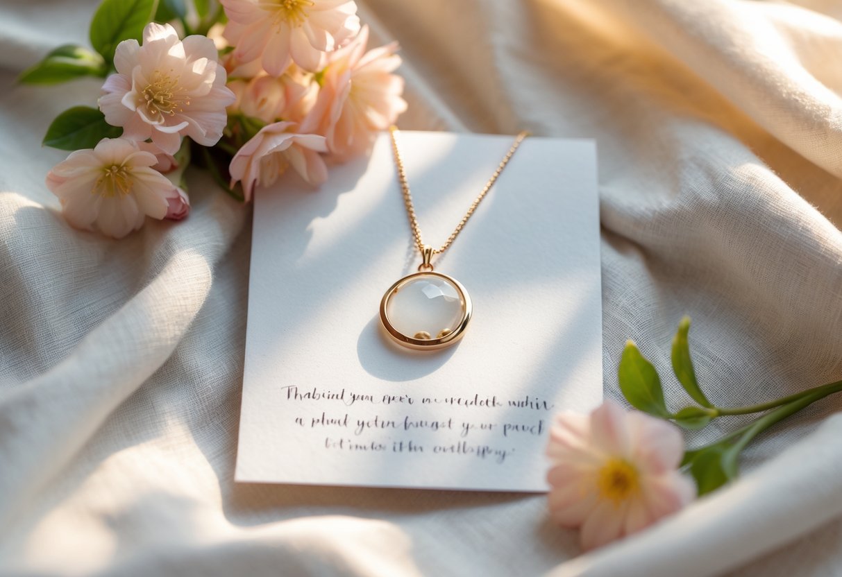 Delicate jewelry displayed on soft fabric with flowers and a handwritten note nearby.