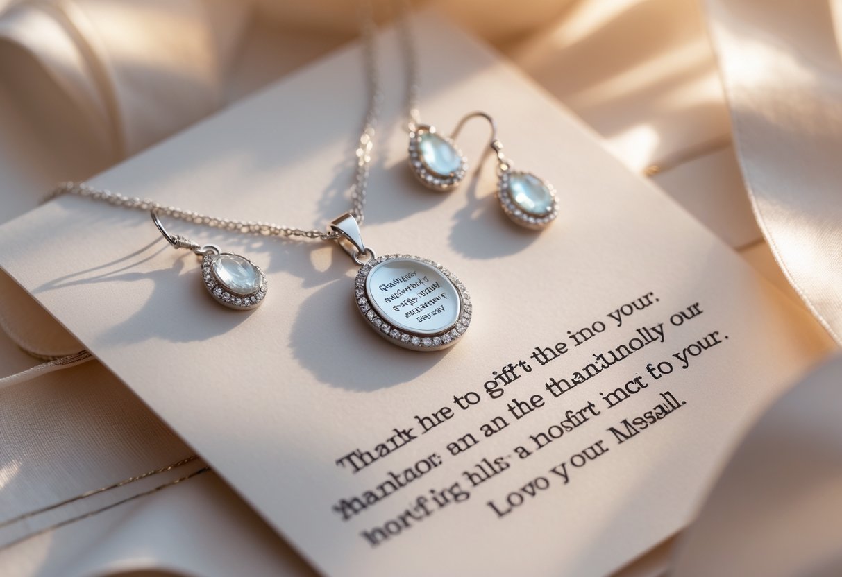 Close-up of a silver necklace and earrings set displayed on a delicate message card with a softly blurred neutral background.