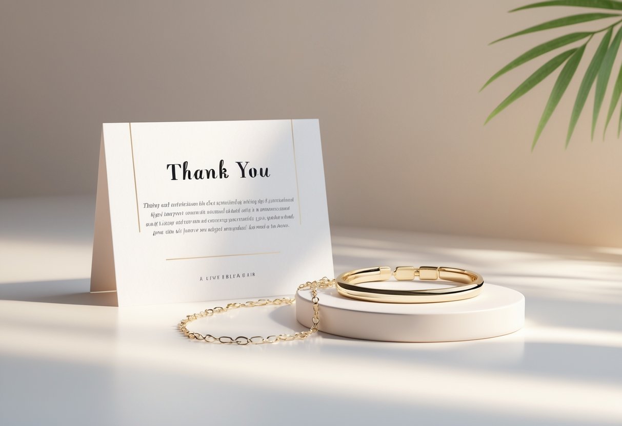 A jewelry set including a necklace and bracelet displayed next to a message card on a soft background.
