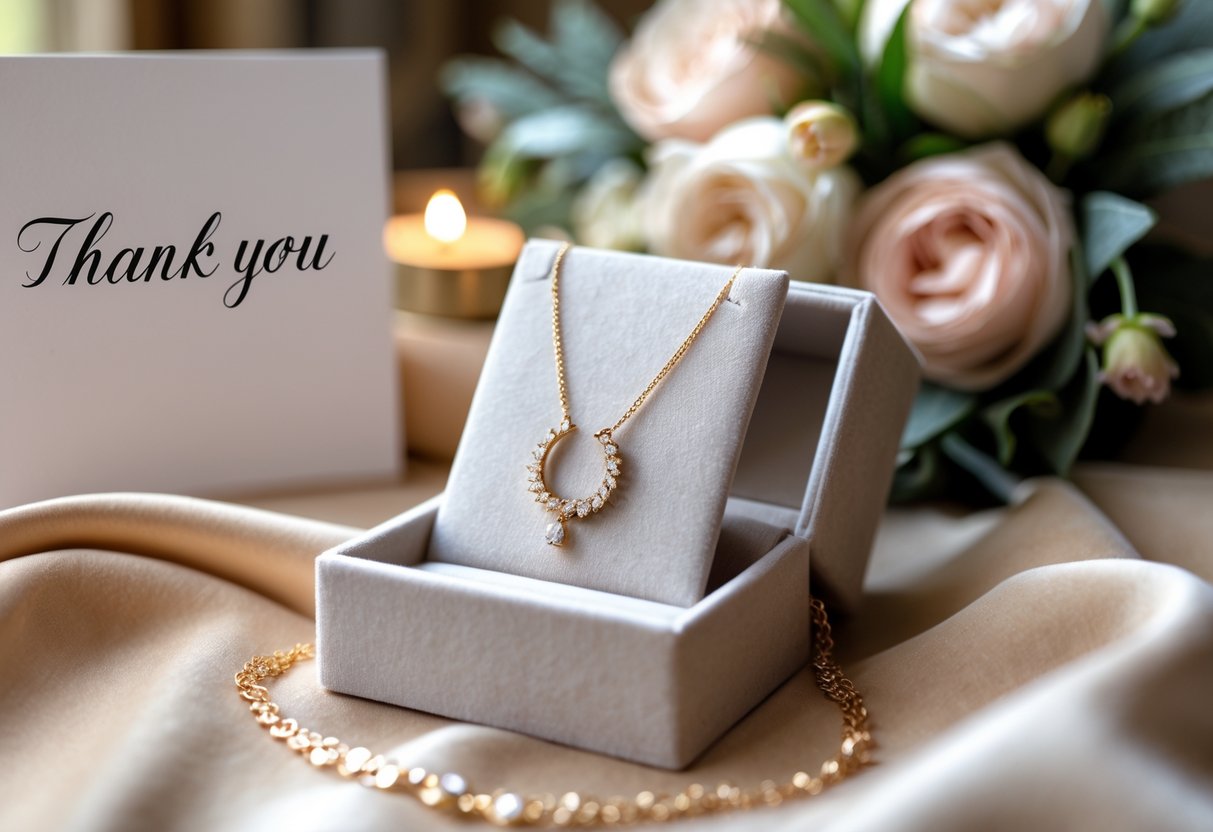 A close-up of a sparkling necklace and earrings set displayed on a velvet cushion, surrounded by flowers and a thank you card in a warm, softly lit setting.