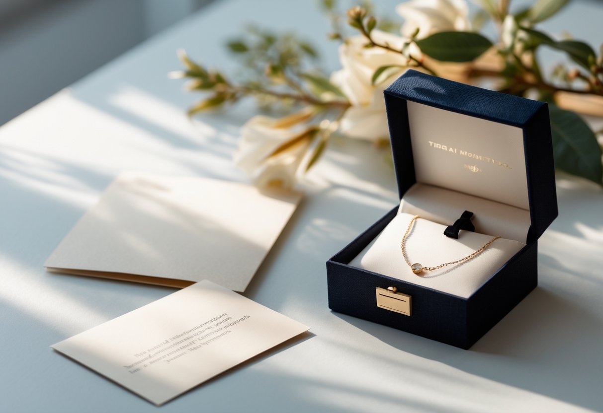 A jewelry gift box with a delicate piece of jewelry next to a blank message card on a light surface with soft floral background.