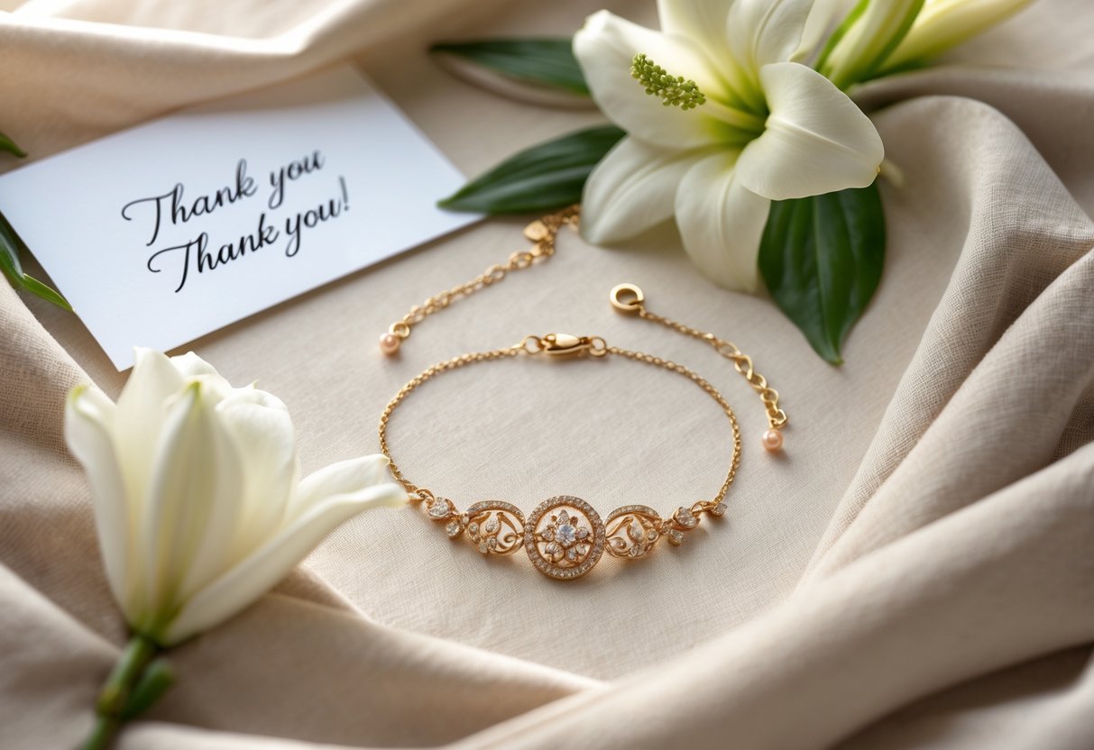Close-up of a delicate piece of jewelry on soft fabric with a thank-you card and a flower nearby, symbolizing appreciation for a female mentor.