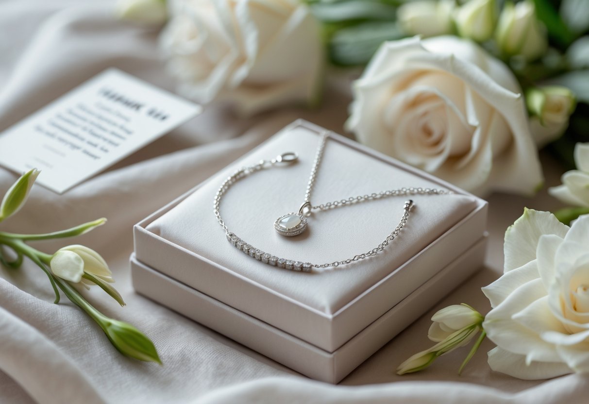 A close-up of elegant silver jewelry including a necklace and bracelet arranged with a gift box and flowers on a soft surface.