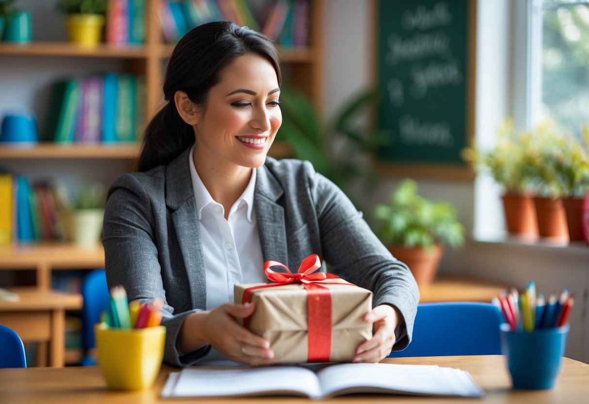 A female teacher receiving a wrapped gift from a student in a bright classroom filled with books and plants.