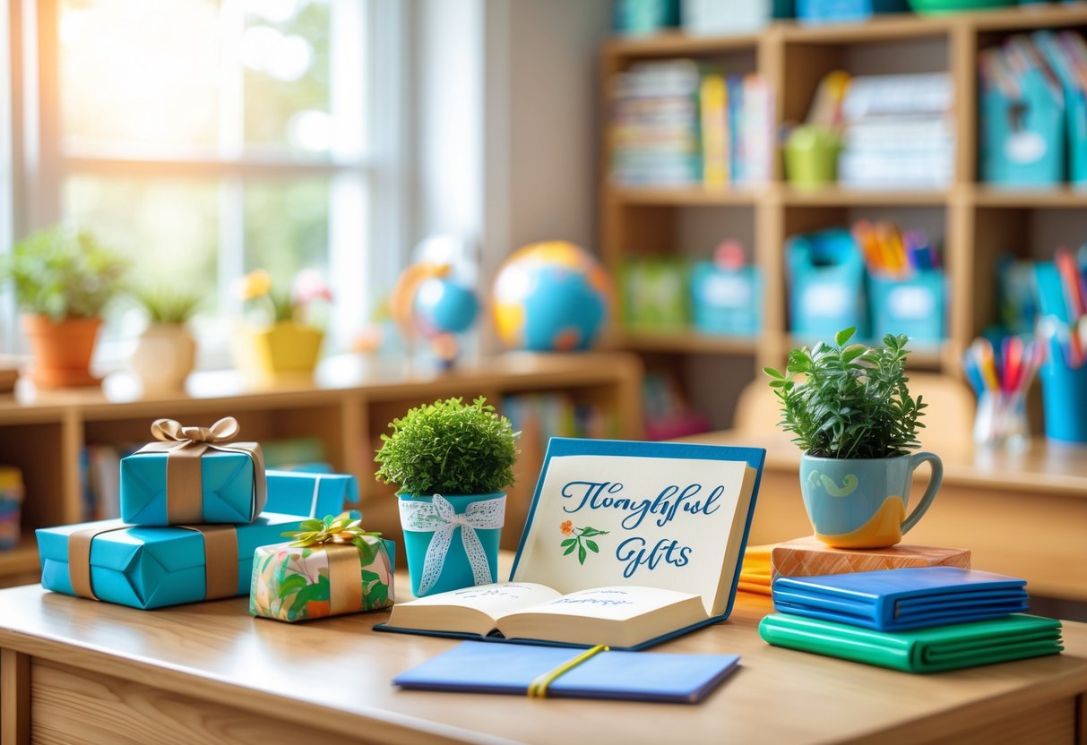 A classroom desk displaying a variety of thoughtful teacher gifts including a wrapped book, personalized notebook, small potted plant, and art supplies with bookshelves in the background.