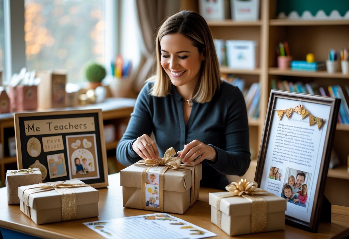 A female teacher smiling as she unwraps a personalized gift in a classroom surrounded by unique handcrafted items and books.