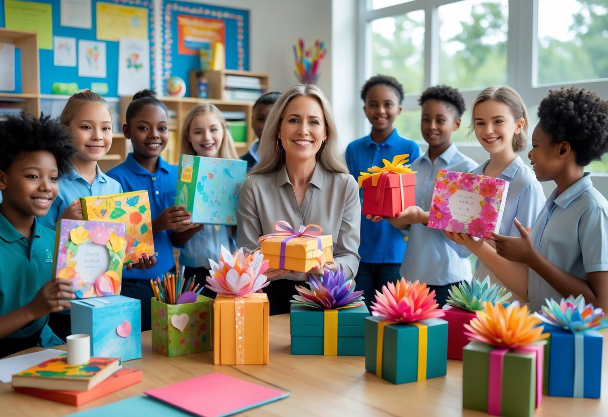 Students presenting handmade gifts such as storybooks and art projects to a smiling female teacher in a classroom.