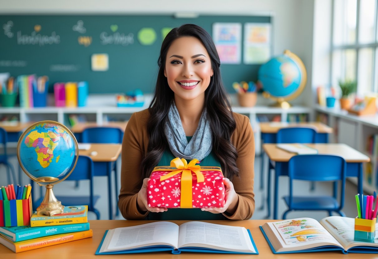 A female teacher in a classroom holding a wrapped gift box surrounded by books, stationery, and educational materials.
