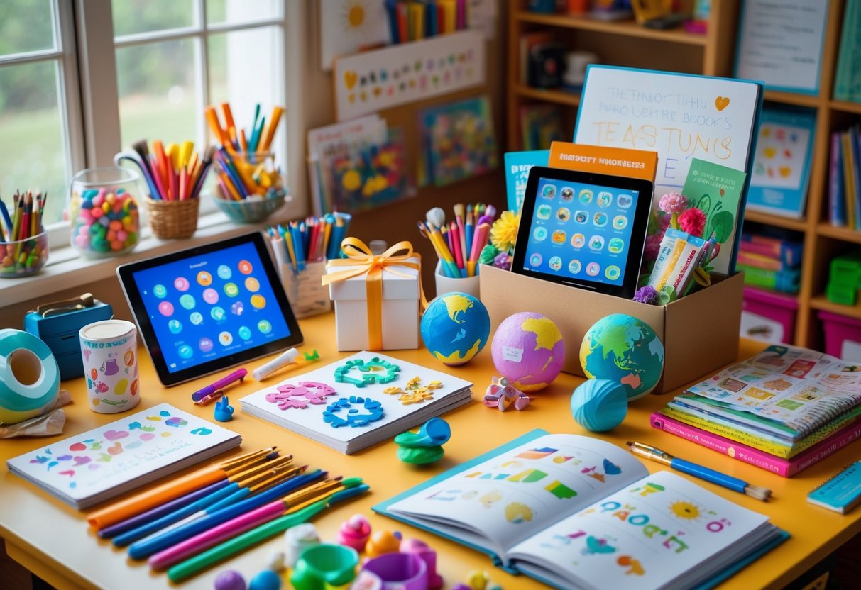 A teacher's desk with colorful art supplies, creative educational tools, a gift box with personalized items, and a cozy classroom corner in the background.